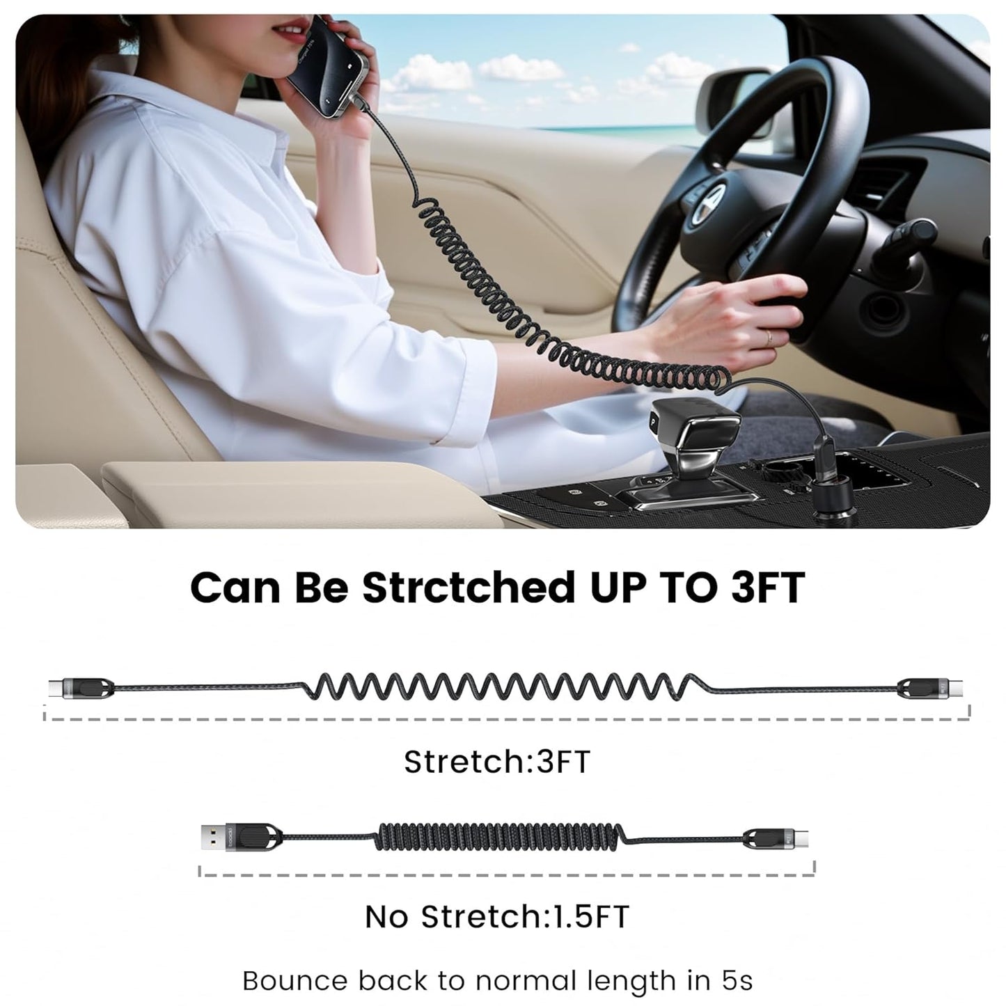 Coiled USB C to USB C Cable 2Pack 3FT Braided Retractable Fast Charging Cable for Car, Compatible with iPhone 16/15 Pro Max/Galaxy S24/S23/S22, Supports Car Play & Android Auto-Black