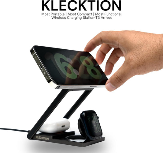 T3 3-in-1 Wireless Charging Station – MagSafe iPhone 16/15/14/13/12, AirPods & Apple Watch|15W Fast Charge|Foldable Ultra-Compact Travel Stand|Zinc Alloy&Tempered Glass|N52 Super Magnet