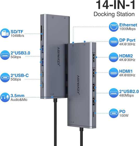 USB C Hub USB-C Docking Station Dual Monitor 14 in 1 Triple Display Multiport Adapter with 2 HDMI+DP+7 USB Type C/A Ports+Ethernet+Audio, USBC Dongle for Dell/HP/Lenovo ThinkPad/Surface(Grey)