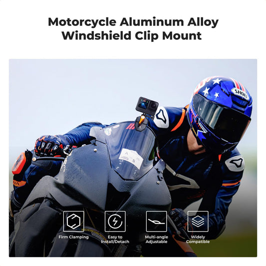 K&F Concept Motorcycle Windshield Clip Mount for GoPro Hero 13/12/11/10/9 Black, Aluminum Alloy Camera Clamp with 1/4” Adapter for DJI Osmo Action 3/4/5 Pro Insta360 X5/X4, Action Camera Accessories