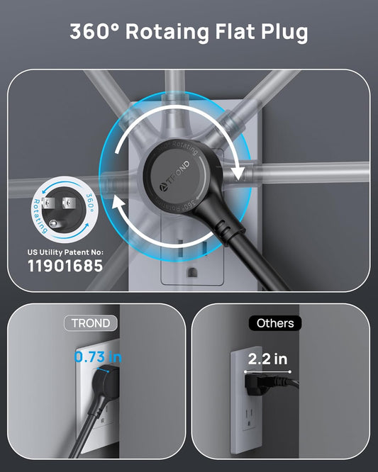 TROND Surge Protector Power Strip, 360° Rotating Flat Plug, 13AC Widely Spaced Outlets Expansion with USB C Port, 4000 Joules, 5ft Extension Cord Heavy Duty, Wall Mount, Under Desk, ETL Listed, Black