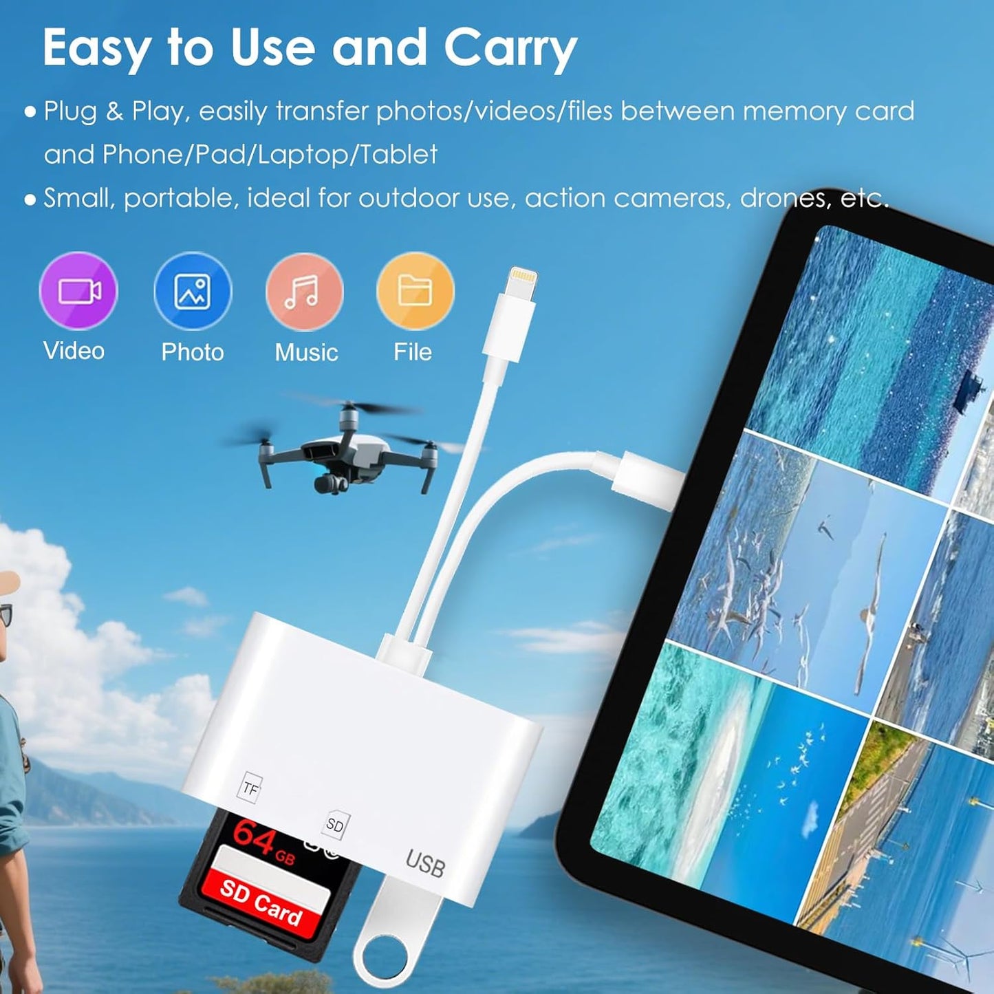 SD Card Reader for iPhone/iPad, Dual-Connector (USB C & Lightning) for Camera Memory Cards, 3-in-1 Micro SD Card Reader for Camera Adapter, Support SD, Micro SD, USB 3.0, Plug & Play