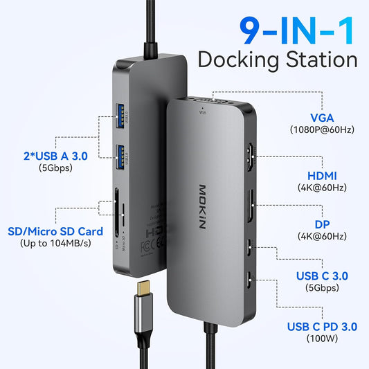 MOKiN USB C Multiport Adapter for MacBook Air/Pro, Mac Dongle, 9 in 1 USB C to DP Adapter, USB A&C3.0 5Gbps, SD/TF Card Reader, 100W PD, USB C Hub for Dell, Lenovo, HP, etc.