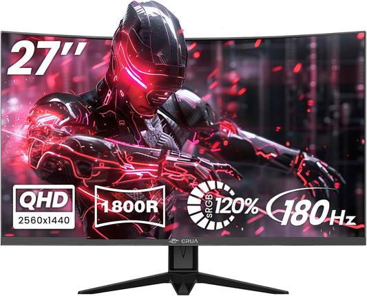 CRUA 27" Curved Gaming Monitor, 2k QHD(2560*1440P) VA Screen, 1800R, 165Hz/180Hz Computer Moniter, Supports AMD Freesync, 120% sRGB, Built-in Speakers, Wall Mountable Installs(HDMI 2.0/DP 1.4)-Black