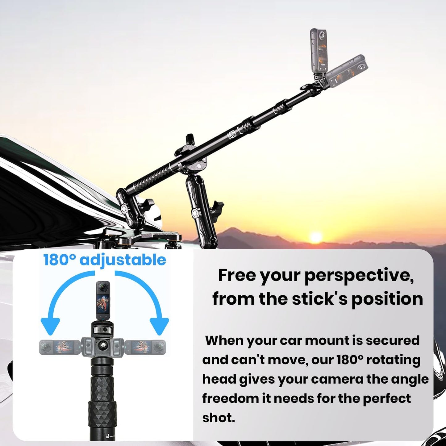 Suction Car Mount for GoPro/Insta360/DJI | Aluminum Alloy Extendable Selfie Stick with Multi-Joint Flexible Arm | Upsized Strong Suction Mount Kit Includes Tripod Adapter