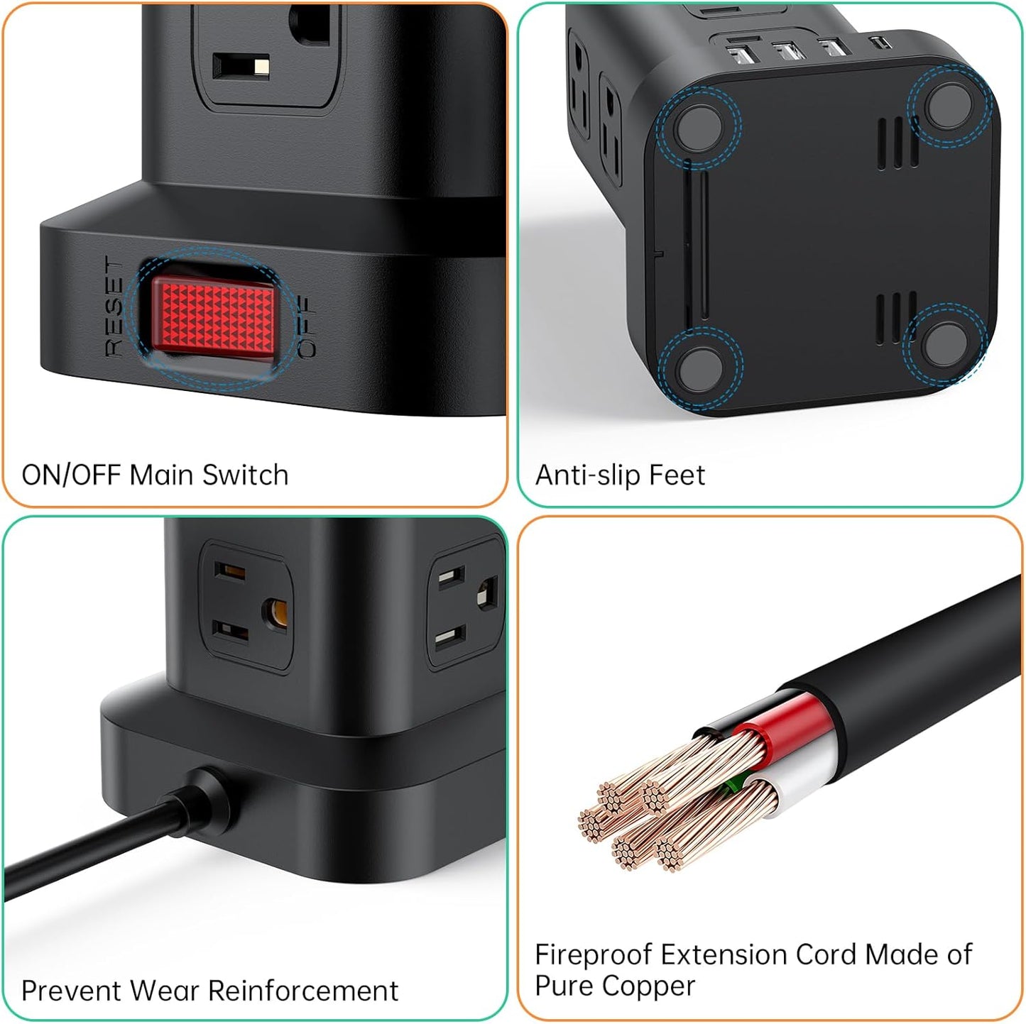 PD 20W USB C Surge Protector, Mini Power Strip Tower Travel 12 AC 4 USB Power Strip with USB Ports 10FT Overload Protection for Home Office