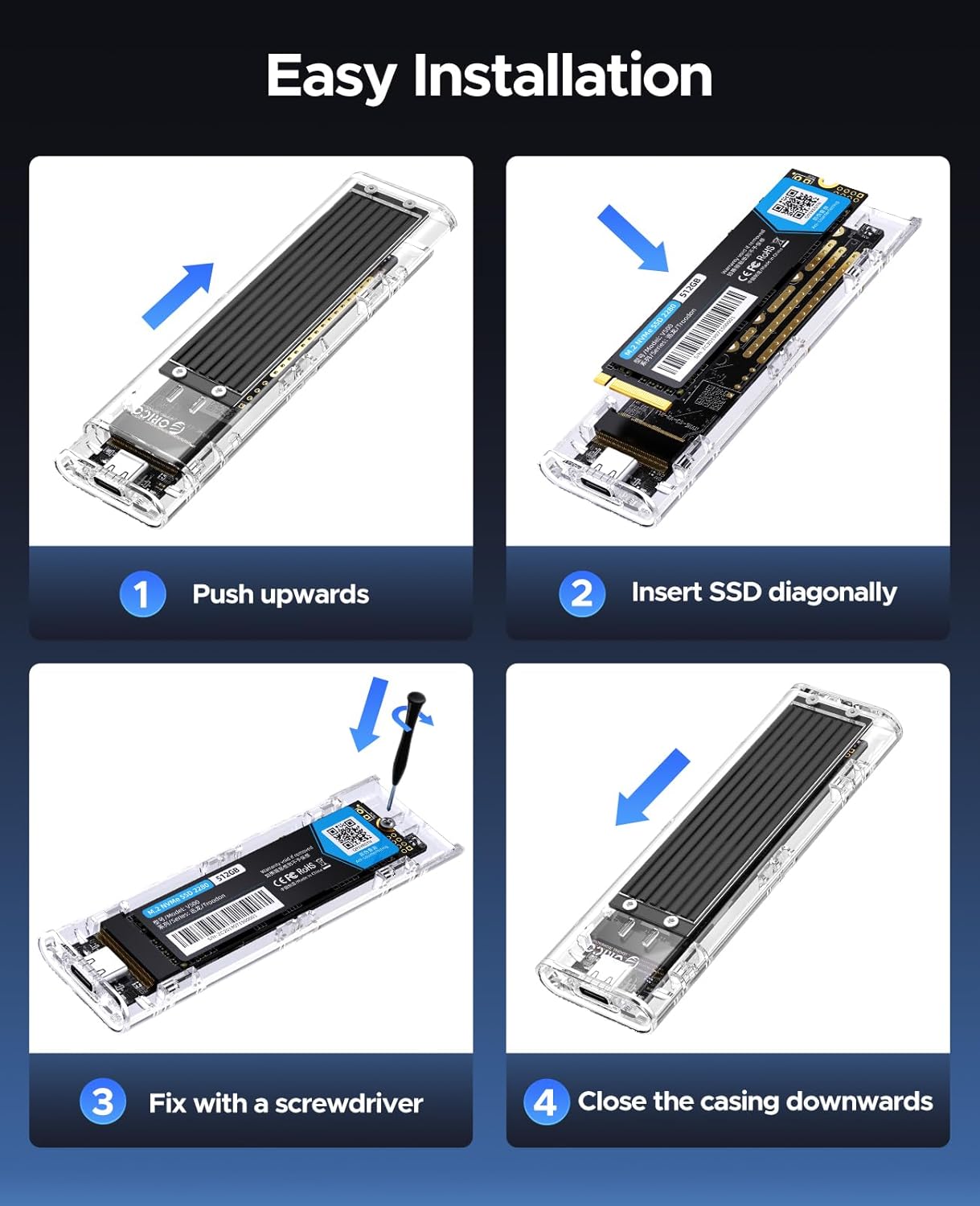ORICO M.2 NVMe SSD Enclosure, USB 3.2 Gen 2 (10 Gbps), Transparent External Solid State Drive Adapter Enclosure for 2280 2260 2242 2230 PCI-E M2 M-Key SSD, USB Type C Converter Case-TCM2 Black