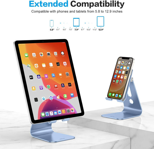 OMOTON Adjustable Tablet Stand for Desk, Upgraded Longer Arms for Greater Stability, T2 Tablet Holder with Hollow Design for Bigger Sized Phones and Tablets Such as iPad Pro/Air/Mini, Blue