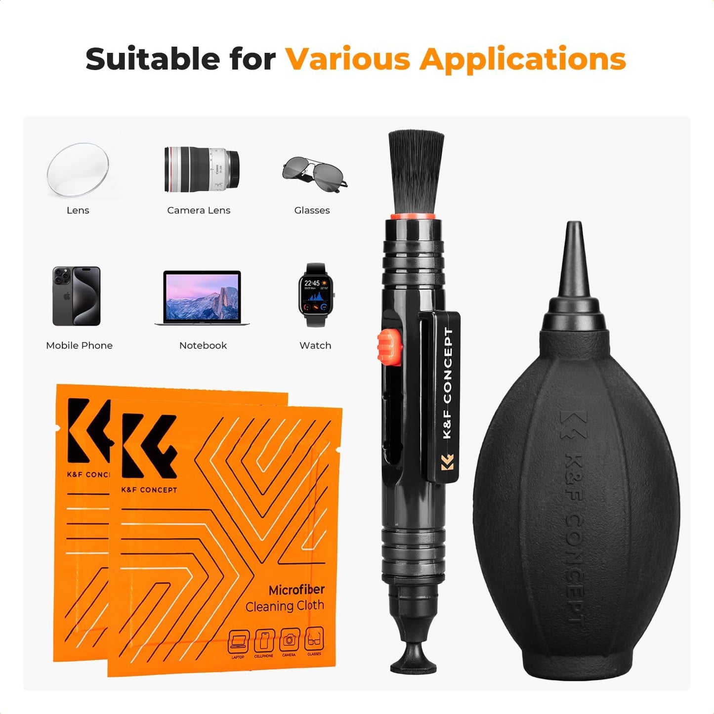 K&F CONCEPT 4-in-1 Camera Lens Cleaning Kit with Lens Cleaning Pen, Camera Air Blower, Microfiber Cleaning Cloth, Lens Cleaner Kit for Canon Nikon Pentax Sony DSLR Camera Lens Filter Cell Phones