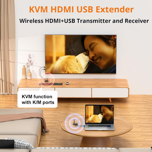 HDMI KVM Wireless Transmitter and Receiver 200M/660FT, HDMI USB KVM Extender 1 PC 2 Monitors Share Keyboard and Mouse, Loop Out, 1080P@60Hz,with 2 USB Cables