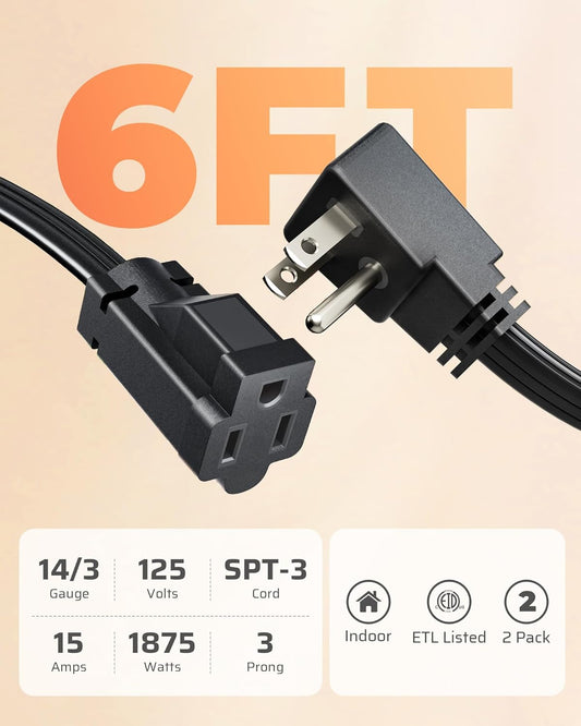 DEWENWILS 6FT Flat Plug Extension Cord with 3-Prong Flat Plug, 15A/1875W 14/3 SPT-3 Flat Wire, Space Saving for Home Office Appliances & Electronics, ETL Listed, 2 Pack, Black
