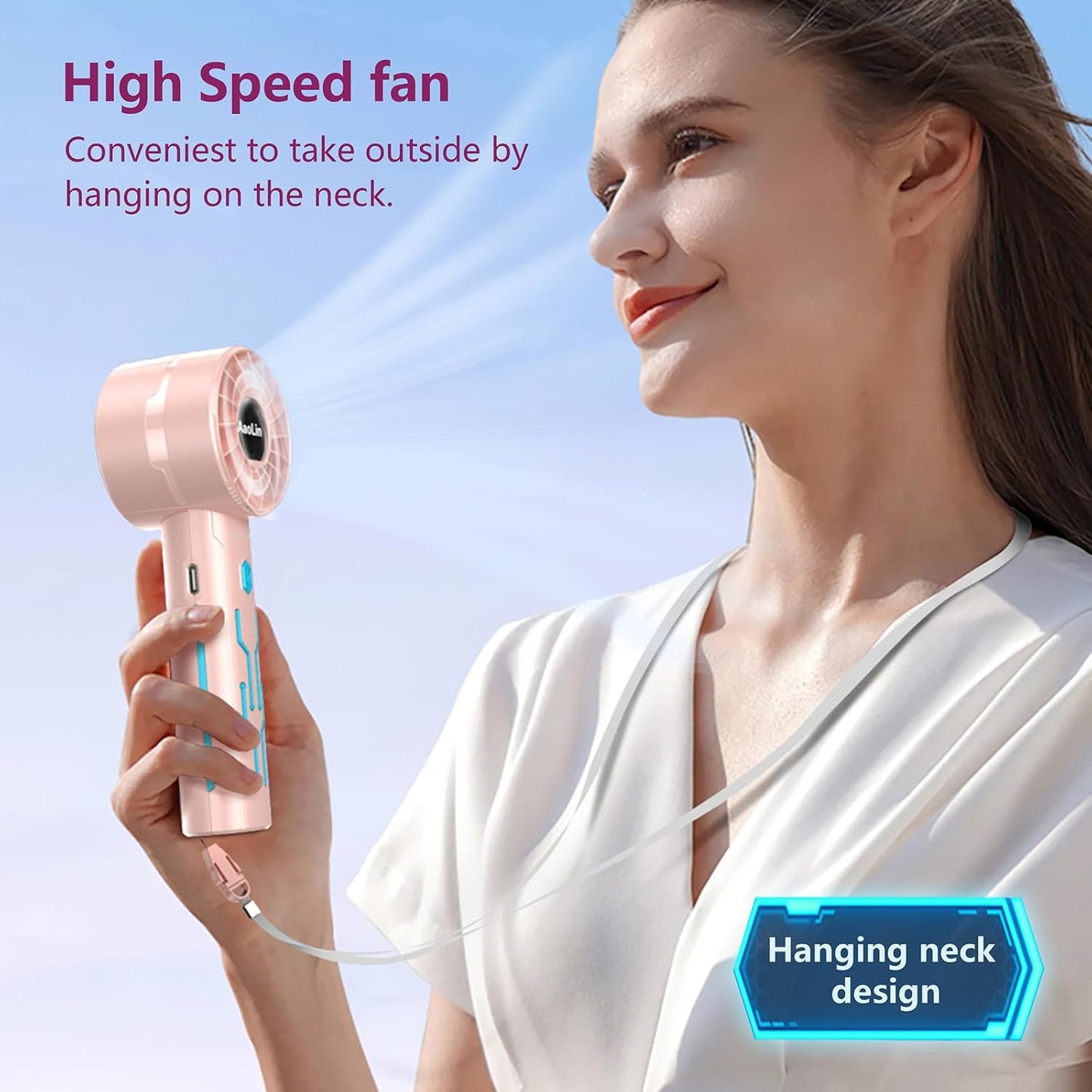 2pcs Portable Handheld Turbo Fan with 7000rpm High-Speed Motor USB Rechargeable Cooling Personal Fan 4-Speed, 4-16H Runtime, with Lanyard for Outdoor Travel, Women, Kids, Summer Gift