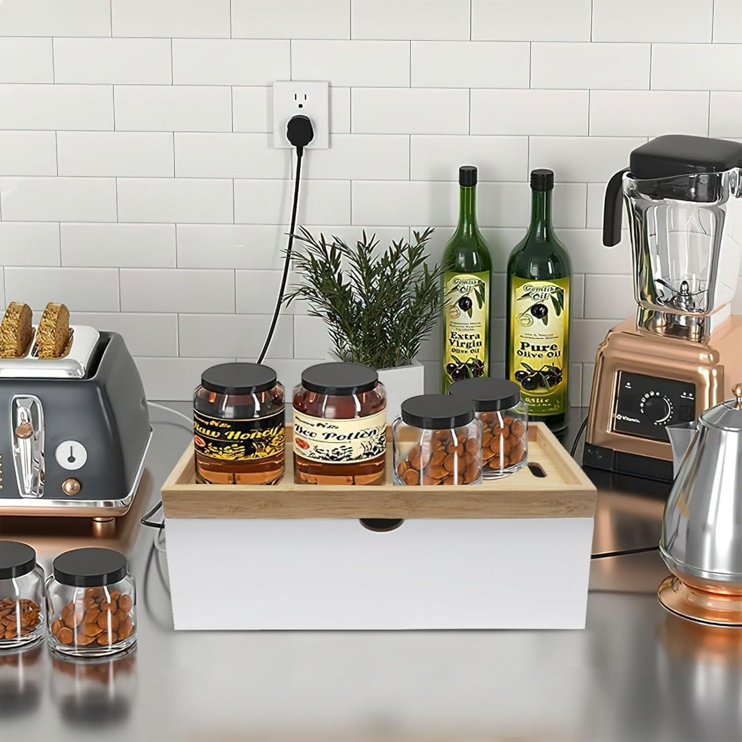 Bamboo Cable Management Box, Large Cord Organizer Box Cable Box to Hide Wires & Power Strips for Desktop Storage Cord Holder for Office Home,No Assembley Required