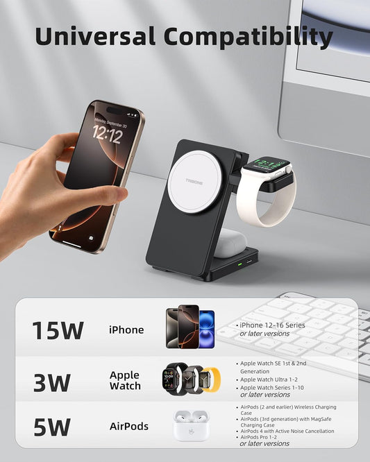 3 in 1 Charging Station for iPhone 16/15/14/13/12 Series, Wireless Charger for Apple Watch,Travel Magnetic Charging Stand for AirPods (Panda Color)