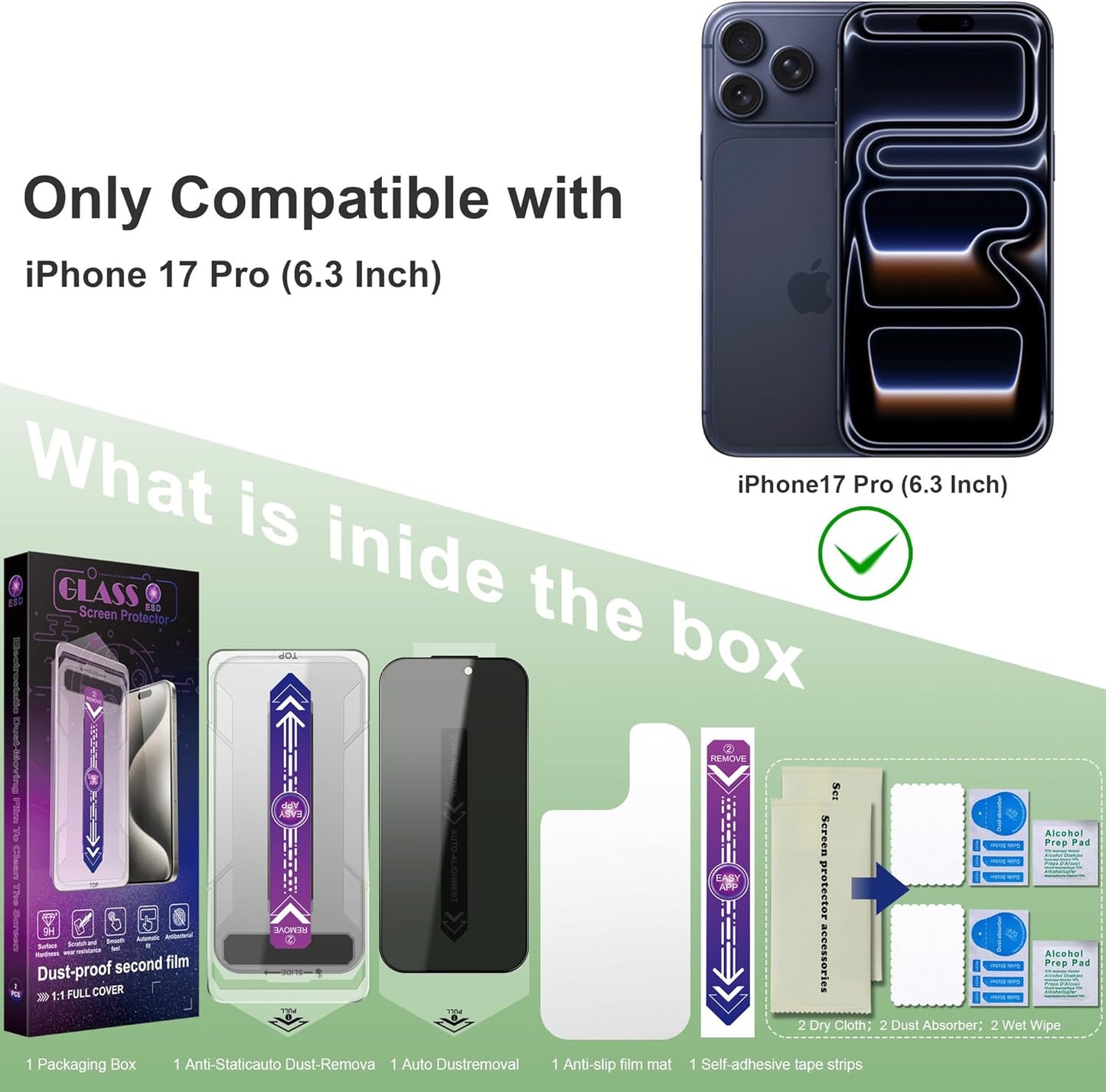 Privacy Screen Protector for iPhone 17 Pro 6.3-Inch, Auto Dust Removal, 9H Tempered Glass, Full Cover, Anti-Fingerprint, Easy Installation,2 Pack