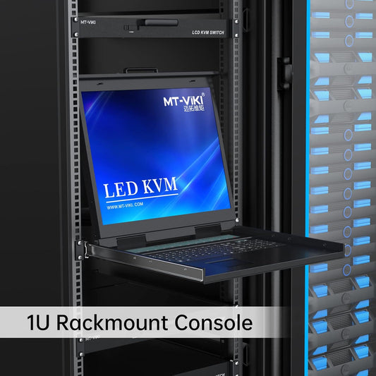 MT-VIKI KVM Rack Console w/19'' LCD Monitor, 8 Port VGA KVM Switch with Keyboard Touchpad Monitor, Fit for 1U 19'' Rack, OSD/Hotkey/Button 【with 8 KVM Cable】