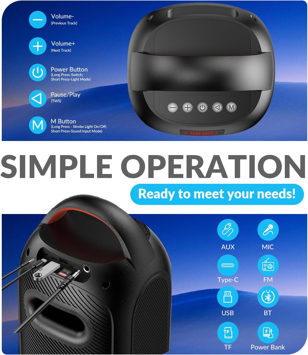 Portable Bluetooth Speaker with 120dB Loud Sound, Dynamic LED Lights, 5 RGB Modes, Bluetooth 5.3, USB/TF/AUX/FM/Mic Input/TWS, Built-in Handle, Party Speaker for Home, Outdoor, Party, Camping (RGB)