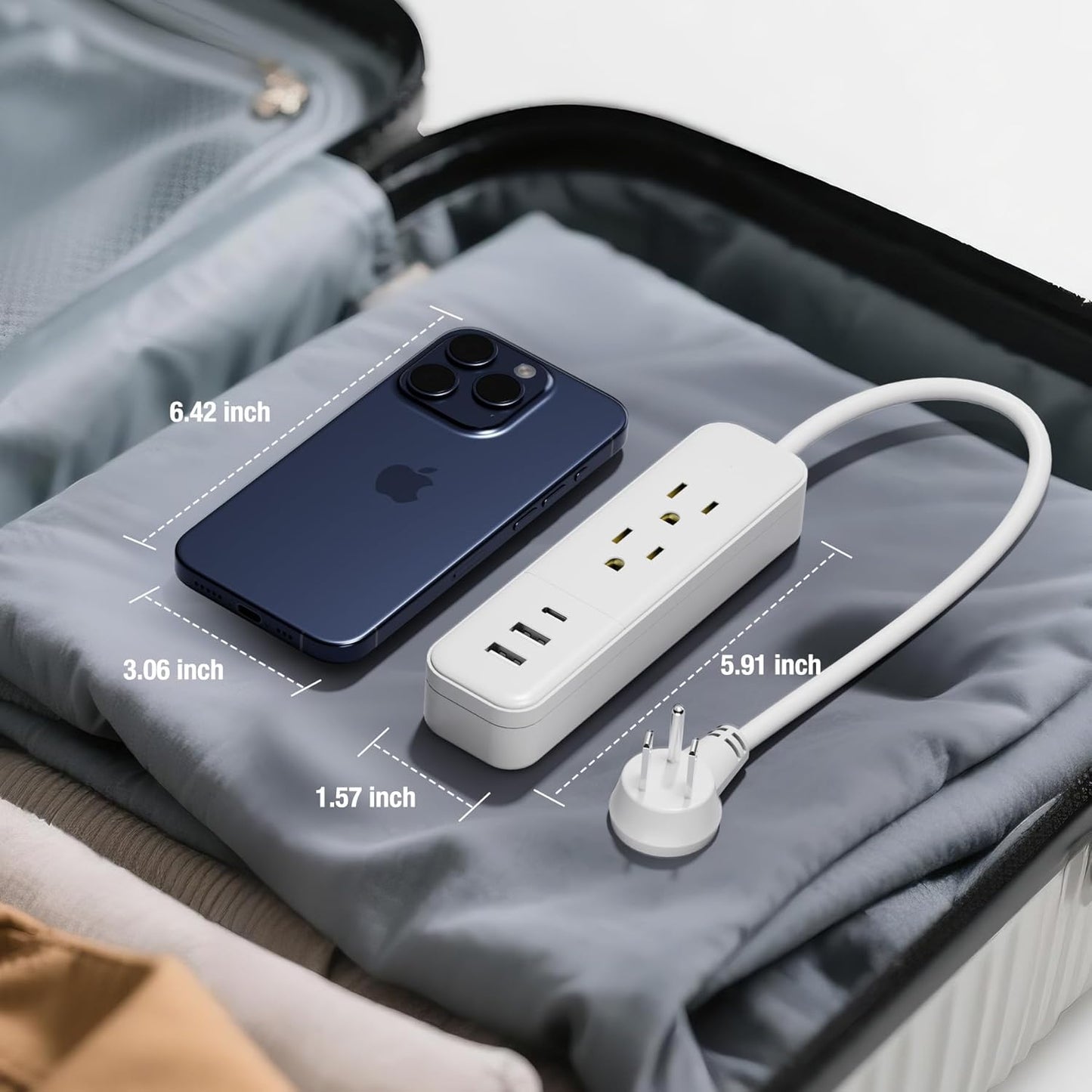 Power Strip Surge Protector - Flat Plug with 3 USB Ports 2 AC Outlets 20 Inch Extension Cord Small White Wall Mountable Outlet Extender for Travel Home Office College Dorm Room 1875W 125V 15A