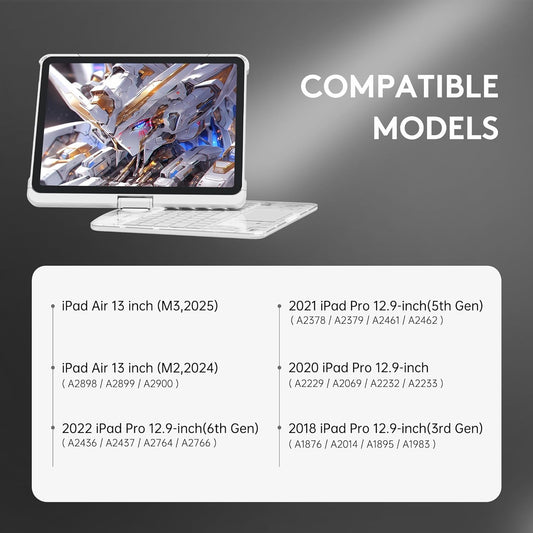 GUSGU Transparent Case with Wireless Keyboard for iPad Air 13-in.(M3/M2, 2025/2024), 7 Colors Backlight, Trackpad, 360°Rotating Stand for iPad Pro 12.9-in (6/5/4/3 Gen), Tech Style
