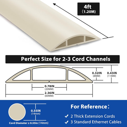 4ft Cord Covers for Wires on Floor, LZEOY Extension Floor Cable Cover, Beige Floor Cable Management, Hide Cord Cover Floor, Electrical Cable Hider Cord Protector Floor, Cable Cavity: 0.78" W x 0.32" H