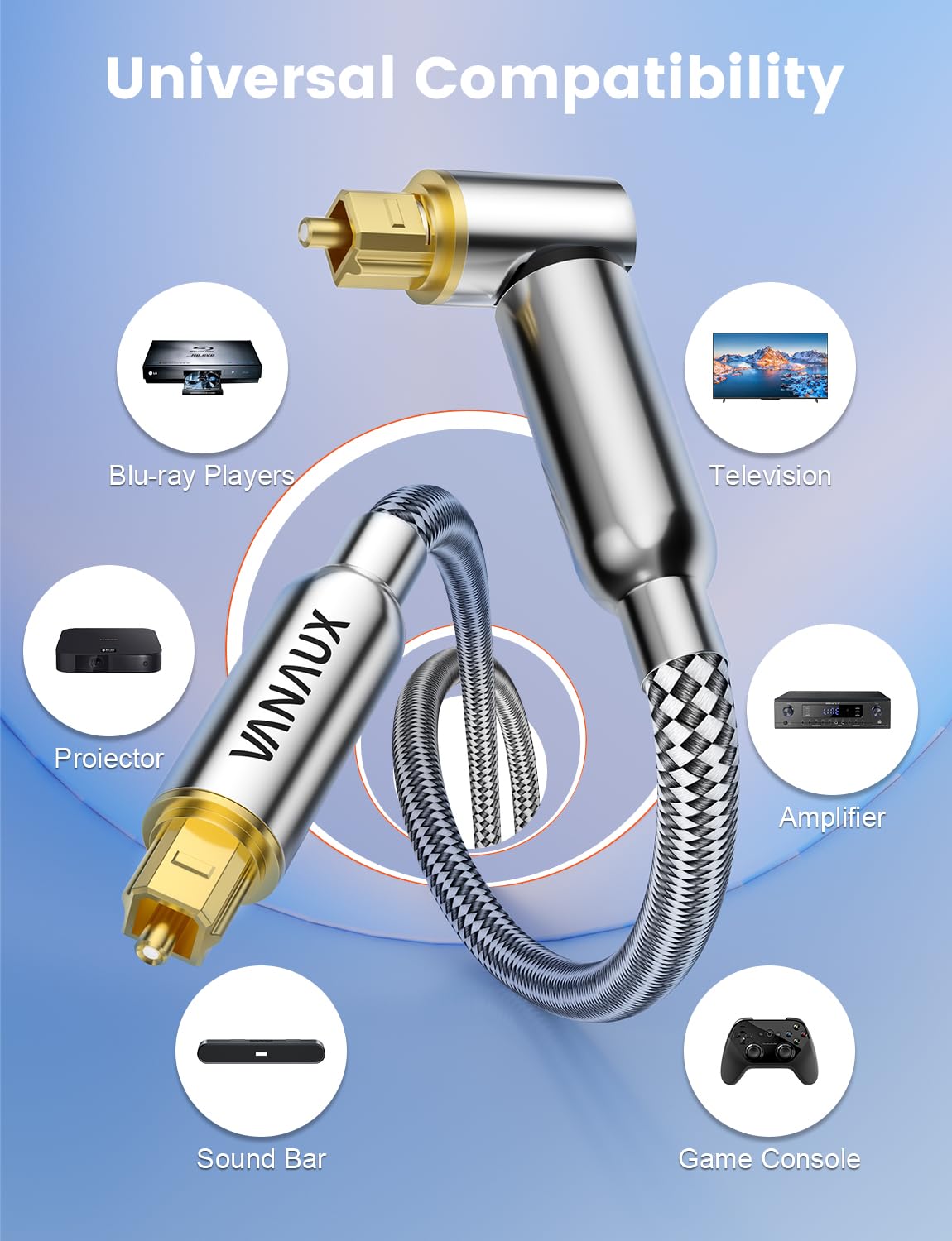 VANAUX 90-Degree Optical Audio Cable 10FT,Premium Fiber Optic Toslink Cable(24K Gold-Plated Connectors,Aluminum Alloy Shell,Braided Jacket)Ideal for Tight Spaces,Home Theater,Soundbars,Gaming Consoles