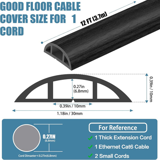 Floor Cord Covers for Wires 12FT Cable Hider Wire Cover Self Adhesive Cord Hider Floor for Offices, Homes, Workshops, Warehouses Cable Cavity 0.39" W x 0.27" H