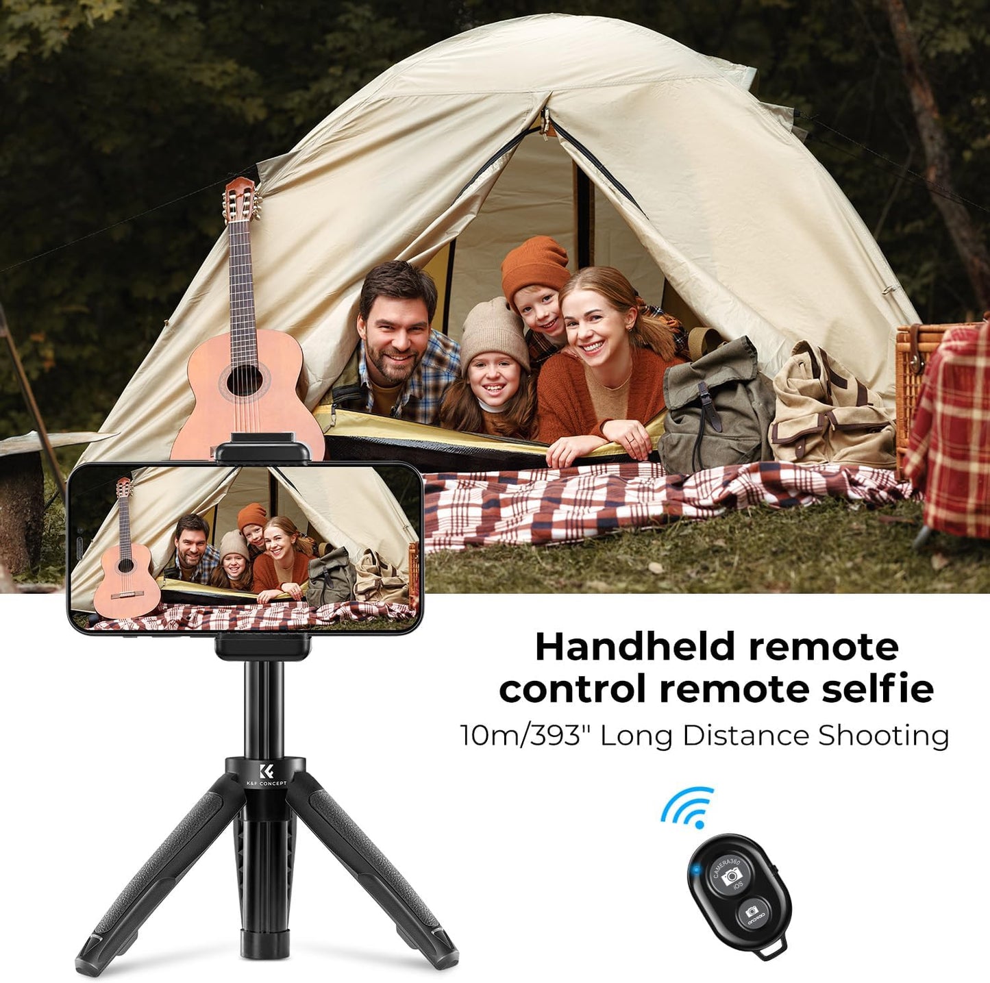 K&F Concept Selfie Stick Tripod, 360 Degree Rotation Mini Phone Stand with Ball Head and Cold Shoe Mount, Cellphone Holder with Wireless Remote for Smartphone Black