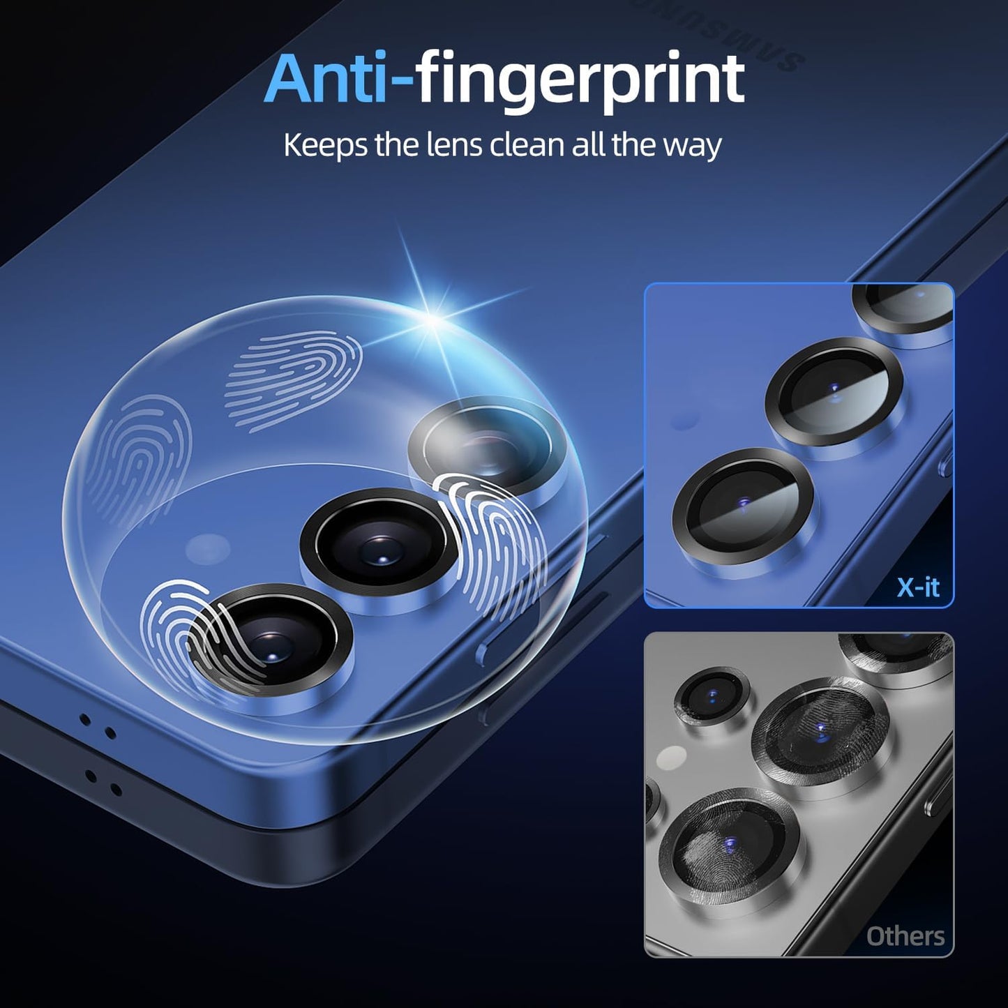 X-it Camera Lens Protector for Samsung S25 Plus, 10H Tempered Glass, Independent Metal Aluminum Edge Original Protection Design, Suitable for Phone Case, Anti-scratch, Anti-reflective,Navy
