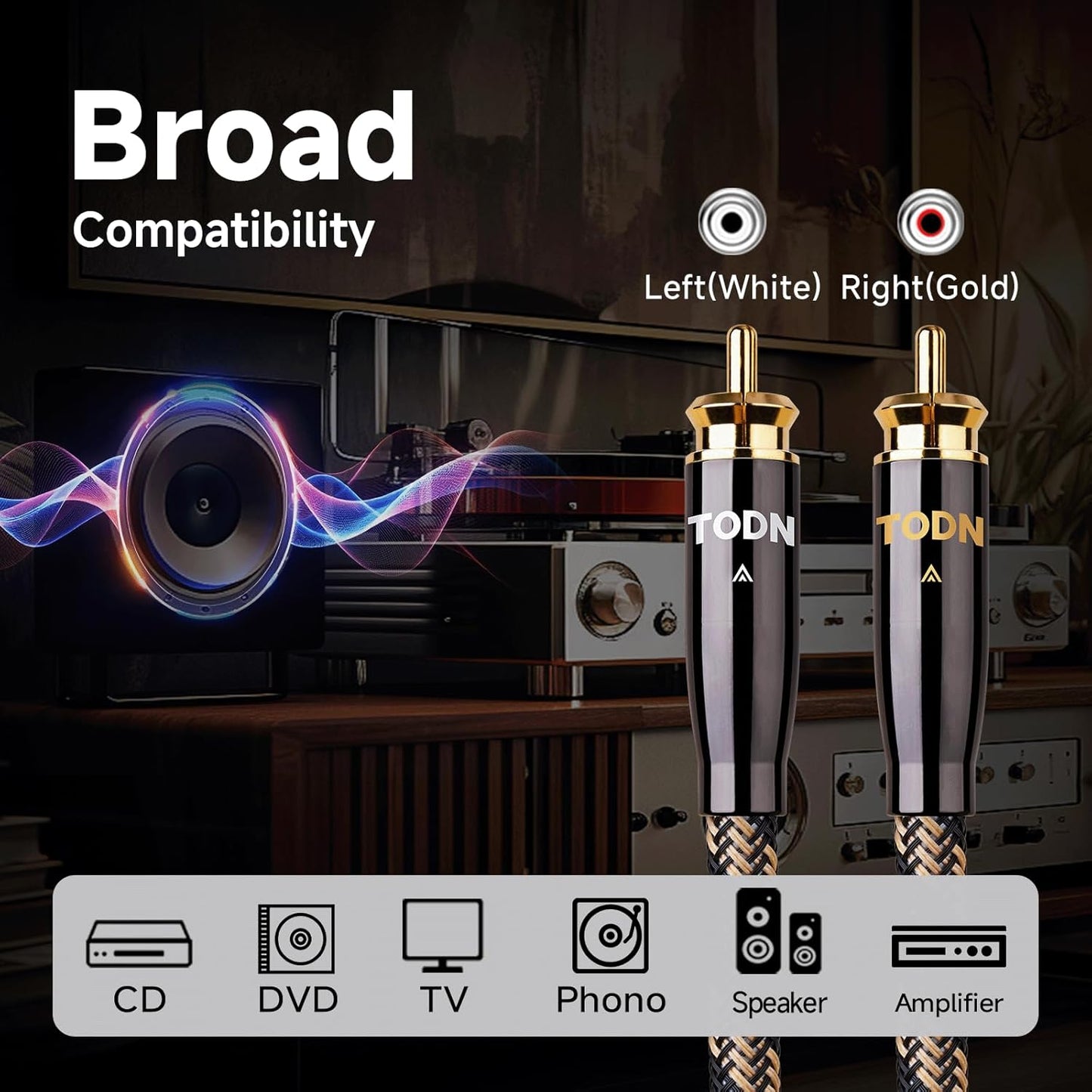 TODN High End RCA Cables for Audiophile 2 RCA Male to Male Stereo Audio Cable with Dual Shielded for HiFi Home Theater (4.9ft/1.5m, 1 Pair)