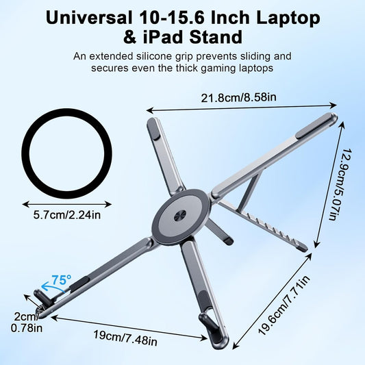 Foldable Laptop Stand for Desk, All-in-One Portable Holder for Laptop, Phone & Tablet with Magnetic Mount - 8-Angle Adjustable Aluminum with Non-Slip Base for 10-15.6" Laptops