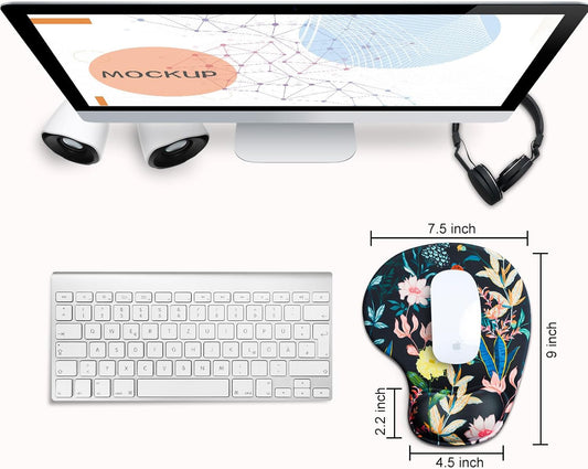 JIKIOU Mouse Pad, 2 Pack Ergonomic Mouse Pads with Comfortable Gel Wrist Rest Support and Smooth Cloth, Non-Slip PU Base for Easy Typing Pain Relief Durable and Easy to Clean Small Black Flowers