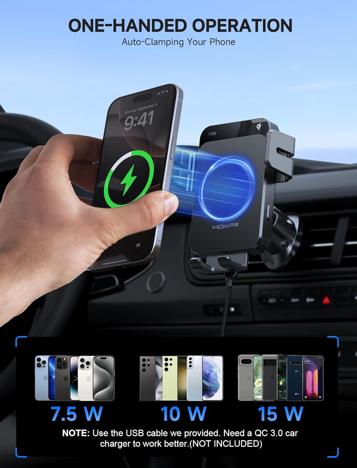 MOKPR Wireless Car Charger, 15W Auto Clamping Car Charger Dash Windshield Air Vent Phone Holder Compatible with iPhone 16 15 14/13/13 Pro/12 pro/12/11/X/8, Samsung S24/S23/S22