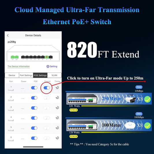 10-Port PoE Switch (8 PoE Ports@120W Built-in Power, 2 Uplink) with Extend Function, Managed Ethernet Switch, Plug & Play, Fanless Metal Design, VLAN, Qos,Desktop/Wall Mount