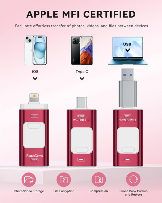 Apple MFi Certified 256GB Flash Drive for iPhone Thumb Drive Photo Stick, USB Memory Stick iPhone Flash Drive for Photos Videos, High Speed Jump Drive Compatible for iPhone/iPad/Android/PC (Red)
