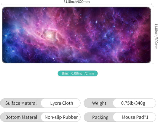 Dynippy Thin Extended Gaming Mouse Pad (31.5 * 11.8 * 0.08 inch) with Stitched Edges Large Mousepad Long XXL Keyboard and Mouse pad Desk Mat for Gaming Office & Home - Galaxy Nebula