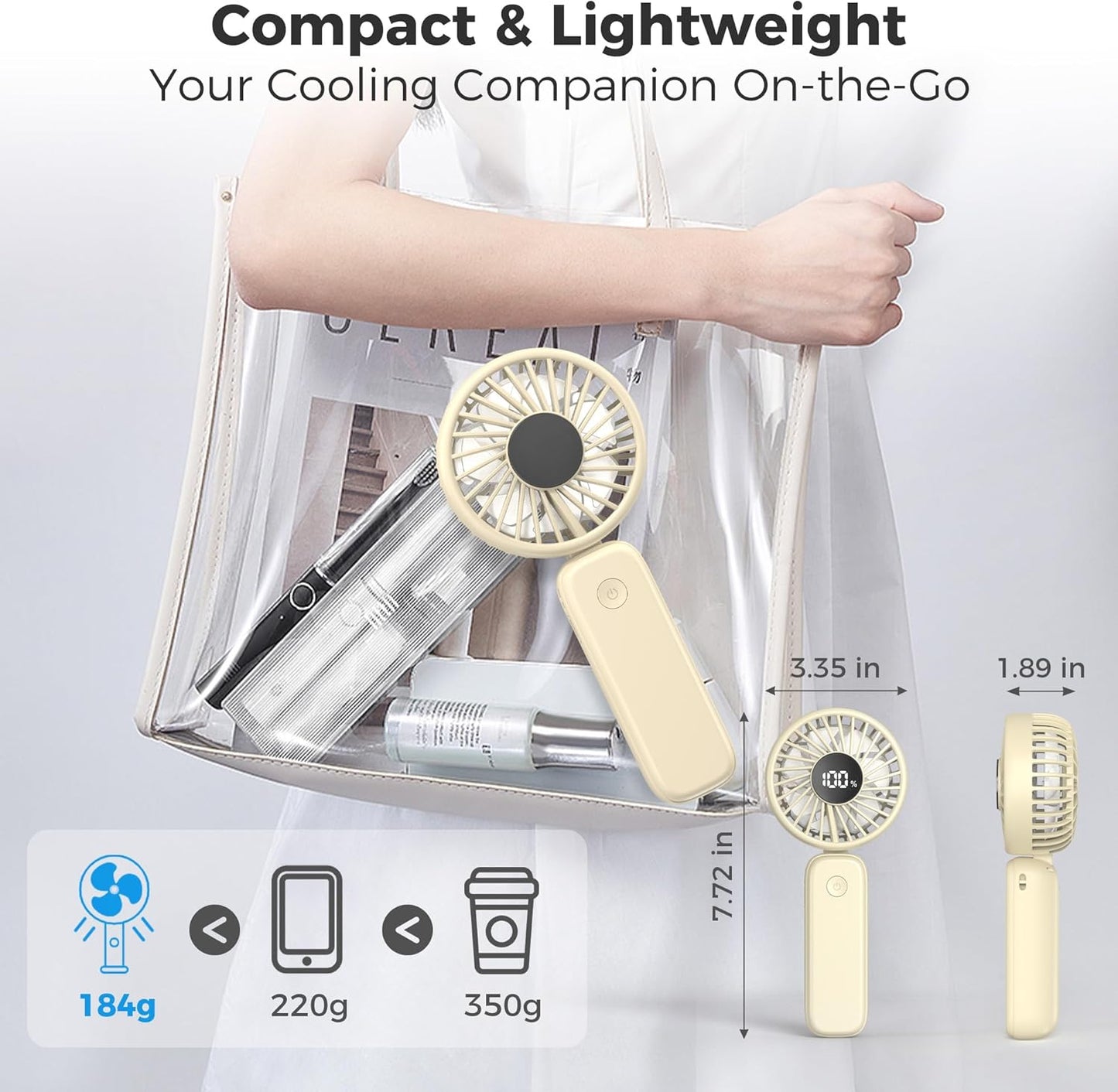 Portable Handheld Fan, 5000mAh Rechargeable Battery, Max 15H Cooling, 4 Speeds, LED Display, Foldable Design, 3-IN-1 Personal Pocket Fan with lanyard for Travel Outdoors Makeup Concert Commute