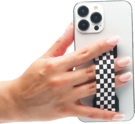 LOVEHANDLE PRO Premium Phone Grip - Silicone Phone Strap - Magnetic Phone Mount and Kickstand for Smartphone and Tablet - Black and White Checkered