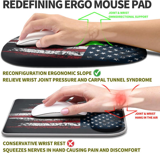 Hokafenle Ergonomic Mouse Pad Wrist Support, Terraced Slope Carpal Tunnel Wrist Pad for Mouse with Unibody Memory Foam, Wrist Rest Pain Relief Mousepad (US Flag, 11.8x7.9 in)