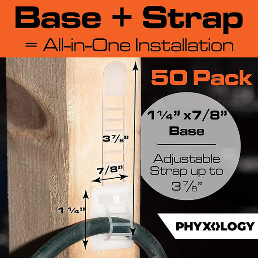 Pro-Grade, Adhesive-Backed Cable Straps 50 Pack. High-Strength, White Clamps for Electrical Wire Management and Organization. Tool-Free Installation for Home Or Office. Screw-Mount for Permanent Hold