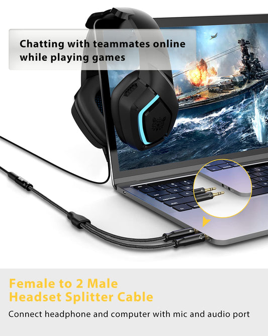 Headset Splitter Cable for PC 3.5mm Crystal-Nylon Braid Female to Dual 3.5mm TRS Male Headphone Mic Audio Y Splitter Cable CTIA Gaming Headset to PC Adapter - Matte Black 0.3M