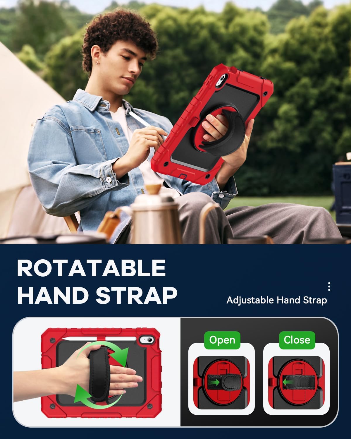 Cantis Case for iPad 11-inch (A16) 2025/ iPad 10th Generation 2022 (10.9 inch) with Screen Protector, iPad 11th Case with 360 Degree Rotating Stand/Shoulder Strap/Pencil Holder, Red