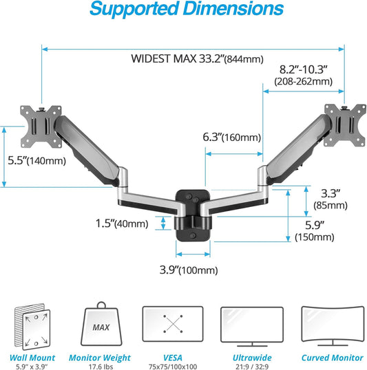 AVLT Dual Extended 13"-32" Monitor Wall Mount fits Two Flat/Curved Computer Monitor Full Motion Height Swivel Tilt Rotation Adjustable Monitor Arm - VESA/Cable Management
