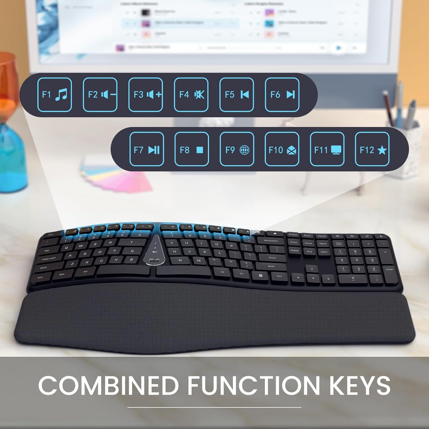 Wireless Ergonomic Keyboard, Split Keyboard with Wrist Rest and Cleaning Brush, 2.4G Computer Keyboard, Comfortable and Natural for Windows PC Laptops