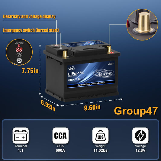TPE Car Start-Stop Lithium Battery BCI Group47 LiFePO4 Lithium-ion Car Battery Lightweight Design Auto Lithium Battery 12.8V 600A High-Performance