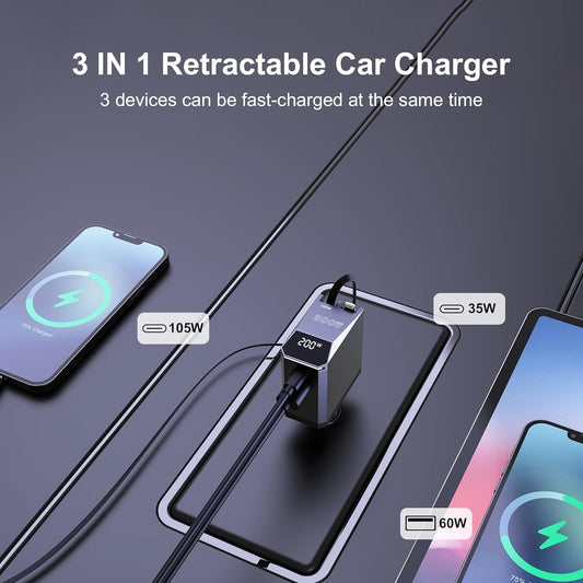 Aftertop 200W Retractable Car Charger, 3-in-1 Independent Fast Charging, 2.3ft 105W Retractable Cable, Power Display USB C Car Charger for MacBook Pro, iPhone 16 15, Galaxy S25 S24 Ultra etc