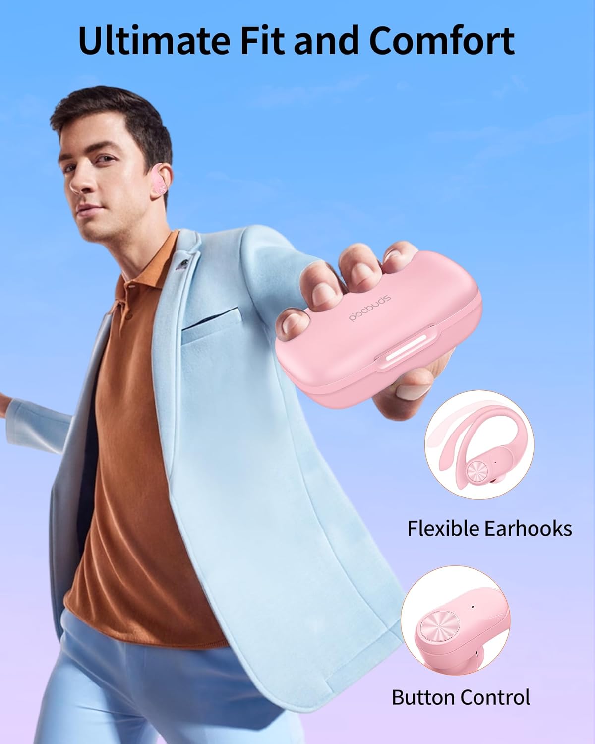 PocBuds Bluetooth Headphones Wireless Earbuds 80hrs Playtime Wireless Charging Case Digital Display Sports Ear Buds with Earhook Deep Bass IPX7 Waterproof Over-Ear Earphones for TV Phone Laptop Pink