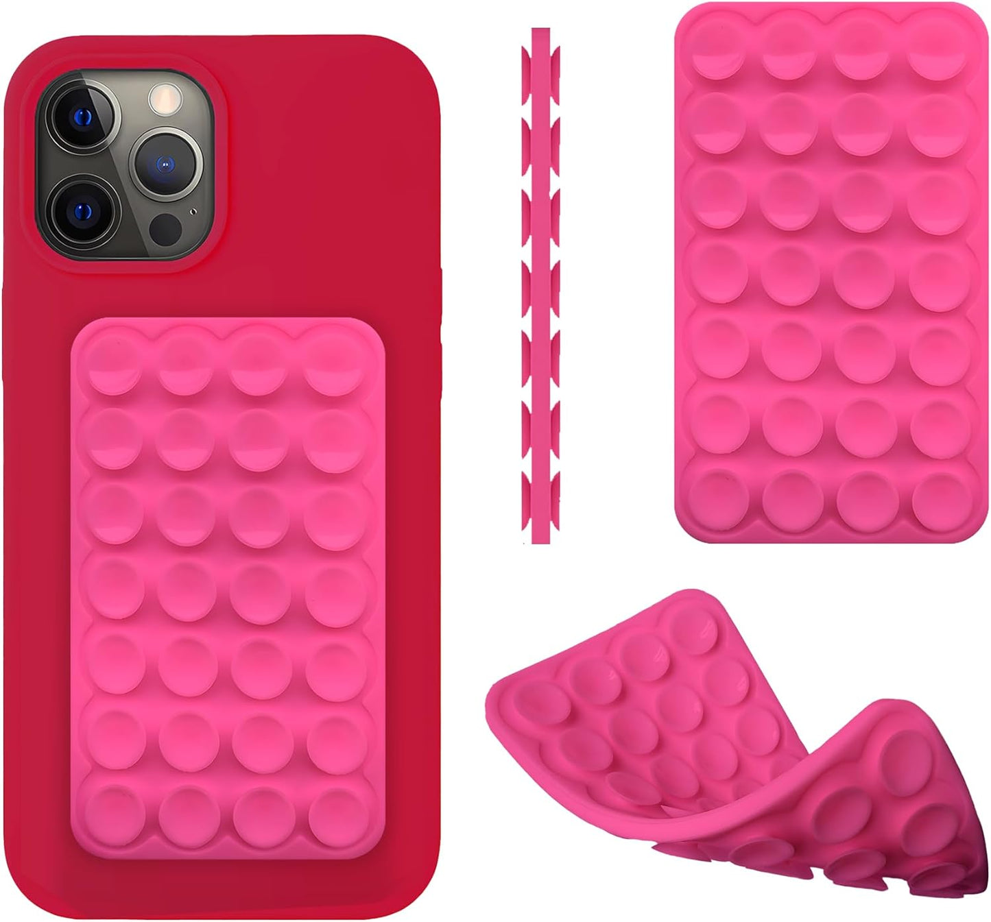 Silicone Double-Sided Suction Phone Case Detachable Mount, ASMR/Fidget Sticky Phone Grip Hands-Free Accessories for Selfies & Videos, Trending TikTok Items for iPhone & Android (3.74"x2.2", Hot Pink)