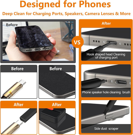 Cell Phone Cleaning Kit, iPhone Cleaning Kit for Charging Port Cleaner Keyboard Cleaning Kit for Airpods/Android/USB C/Earbuds/Laptop/iPad/Camera Lens with Stylus Pen, SIM Tool, Screen Brush(Black)