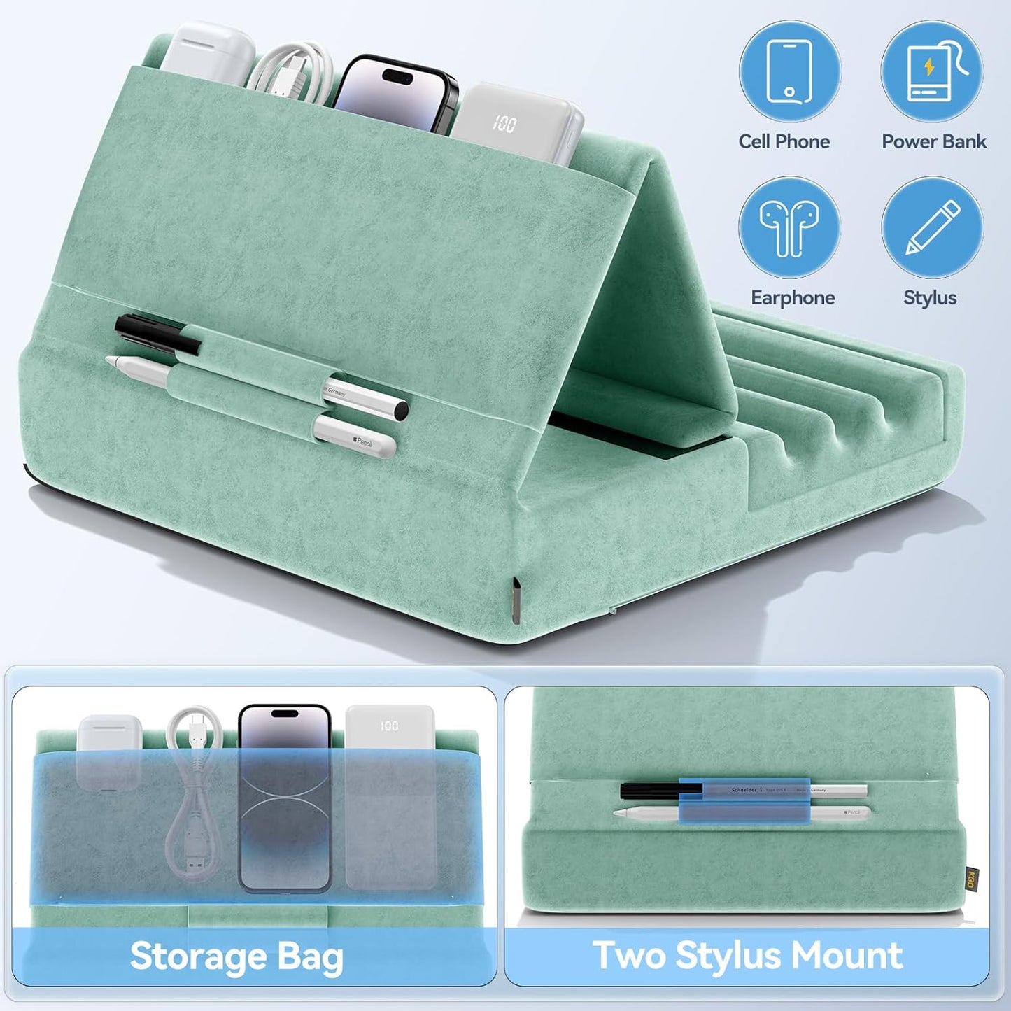 KDD Tablet Pillow Holder, Foldable iPad Stand for Lap, Bed and Desk -Tablet Soft Pad Dock with Pocket & Stylus Mount Compatible with iPad Pro 12.9, 10.5, 9.7 Air Mini 6 5 4 3, E-Reader