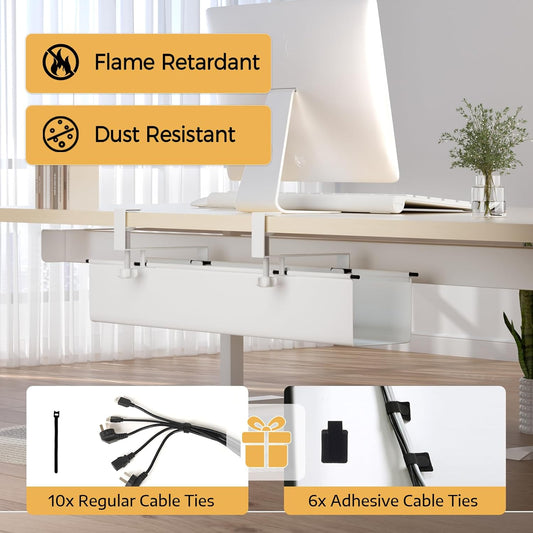 Under Desk Cable Management Tray 27.2" - No Drill Computer Wire Organizer Cable Tray, Cord Hider Clamp Mount with 16X Cable Ties PC Cables Management Cord Holder for Office/Home (Upgrade Fabric,White)